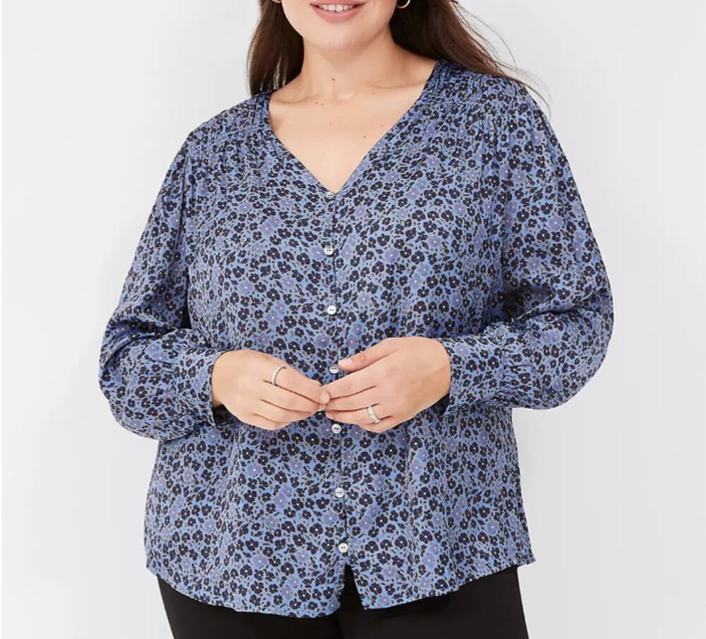 Lane Bryant Blue Floral Blouse Ruched Button-Front Knit & Woven Women Plus 22/24